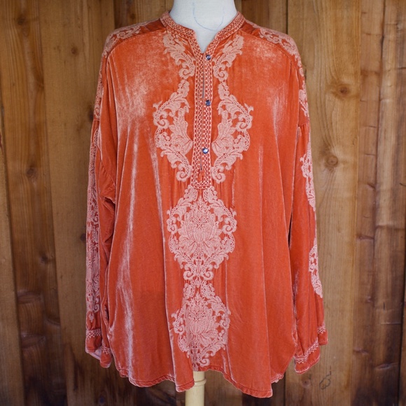 Johnny Was Pete & Greta Orange Velvet Embroidered Long Sleeve Blouse Size L - Picture 1 of 17